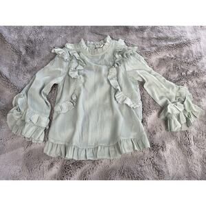 H & M Ruffled 3/4 Sleeve Chiffon Blouse Top Size 2 Green
